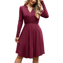 Damen Midi-Kleid Ausgestellt mit Taschen Weinrot Größe L — herbstkleid langarm, viskose kleid damen