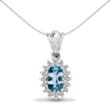 Jewelco London 9ct White Gold Cluster Set H I2 0.12ct Diamond and Oval Blue 0.52ct Topaz Royal Cluster Pendant - 9P163