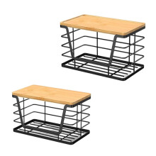 2 Pack Stackable Wire Storage Basket with Bamboo Lid, Extra Large Trash Bag Dispenser Roll Holder for Kitchen Sink