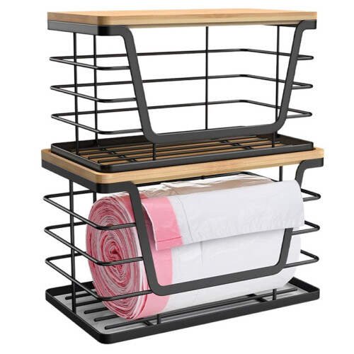2 Pack Stackable Wire Storage Basket with Bamboo Lid, Extra Large Trash Bag Dispenser Roll Holder for Kitchen Sink