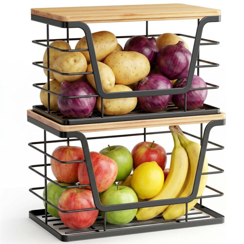 2 Pack Stackable Wire Storage Basket with Bamboo Lid, Extra Large Trash Bag Dispenser Roll Holder for Kitchen Sink 2