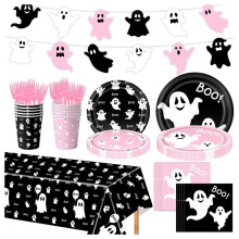 Halloween Boo Disposable Tableware Set Cute Black Theme Plates Cups Napkins Halloween Birthday Party