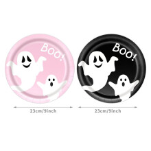 Set di Stoviglie Usa e Getta A Tema Halloween Fantasma Boo, Carino In Rosa e Nero, con Piatti, Bicchieri e Tovaglioli per Feste di Halloween e