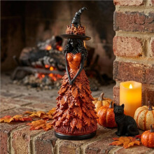 Enchanted Autumn Witch Figurine,Witch Figurine Fall Witch Decor Halloween Tabletop Statue with Leaf Gown Thanksgiving