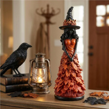 Enchanted Autumn Witch Figurine,Witch Figurine Fall Witch Decor Halloween Tabletop Statue with Leaf Gown Thanksgiving