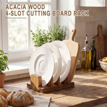Wood Cutting Board Holder, 4 Slot Rack for Baking Pans, Dishes, Plates and Books, Countertop and Cabinet Storage Stand