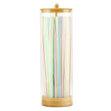 Straws Holder Dispenser with Bamboo Lid, 10-Inch Acrylic Drinking Straw Dispenser Includes 100 Colorful Straws