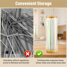 Straws Holder Dispenser with Bamboo Lid, 10-Inch Acrylic Drinking Straw Dispenser Includes 100 Colorful Straws