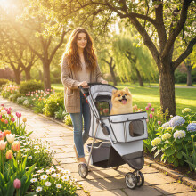 (Grey) PawHut Pet Stroller Pushchair Carrier for Cat Puppy with 3 Wheels