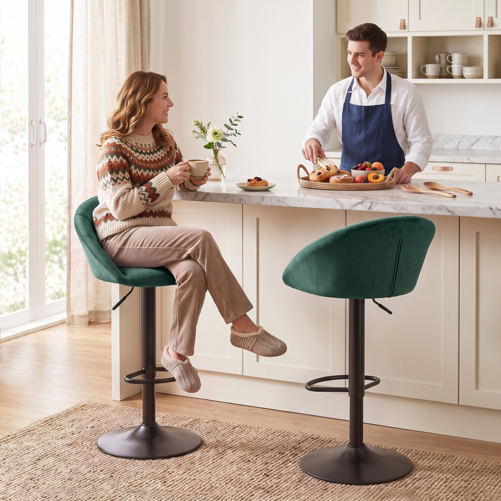 Homcom (Green) Bar Stools Set Of 2 Velvet Adjustable Swivel