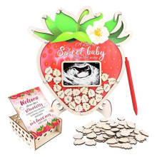 Alternativa al Libro Degli Ospiti per Baby Shower Fragola, Kit di Rivelazione del Genere da 63 Pezzi con Fette di Legno, Cornice per Sonogramma e