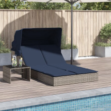 vidaXL Doppelte Sonnenliege mit Baldachin und Kissen, grau, Polyrattan