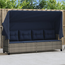vidaXL Sonnenliege mit Dach und Kissen Grau Poly Rattan