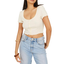 (8 UK, Cream) Brave Soul Womens/Ladies Button Lettuce Hem Crop T-Shirt