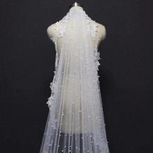 (Ivory,200x150cm)Ethnic Style Wedding Veil With Pearl Embroidery And Natural Elements Bride For