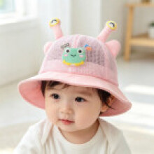 (Pink)Toddler Kids Breathable Cotton Mesh Sun Hat With Wide Brim And Frog Print For Summer