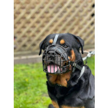 Strong Wire Metal Dog Muzzle Basket compatible with Rottweiler, Mastiff, Golden Retriever & Large Breeds (Black Leather)