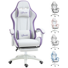 Computer Gaming Chair, Footrest, Swivel Wheels, 135 Reclining Back, Lumbar Support, Headrest for Home, White and Purple