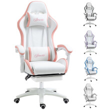 Computer Gaming Chair, Footrest, Swivel Wheels, 135 Reclining Back, Lumbar Support, Headrest for Home, White and Pink