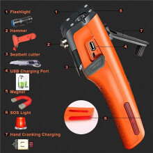 Multifunctional Emergency Car Tool: Portable Flashlight, Safety Hammer,Hand-Crank Power Bank for Vehicle Breakdowns