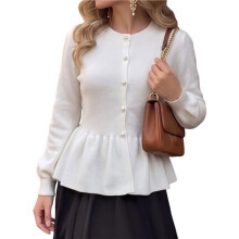Womens Crew Neck Pearl Button Peplum Lantern Sleeve Knit Cardigan White M