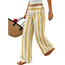 Womens Striped Gingham Palazzo Pants Wide Leg High Waisted Pants Yellow M