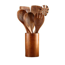 8Pcs Wood Kitchen Utensil Set Wooden Cooking Tools with Holder Ideal for Healthy Non - Stick Cookware Cooking