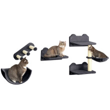 4PCs Wall-Mounted Cat Shelves w/ Scratching Post, Hammock, Nest - Dark Grey