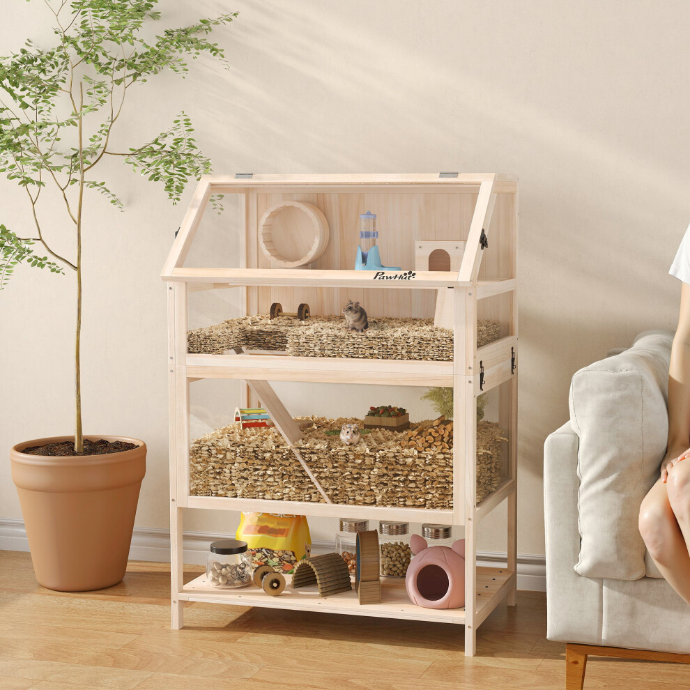 Bobobiy Wooden Hamster Cage With Detachable Lower Floor, Storage Shelf, Hut, Seesaw, Exercise Wheel, Ramps For Hamster - Natural Wood Finish - Image 3