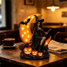 Lampe D'Halloween en Verre Teinté Résine Sorcière et Lune Veilleuse Citrouille Jack-O'-Lantern Fantômes Chauves-Souris Décor