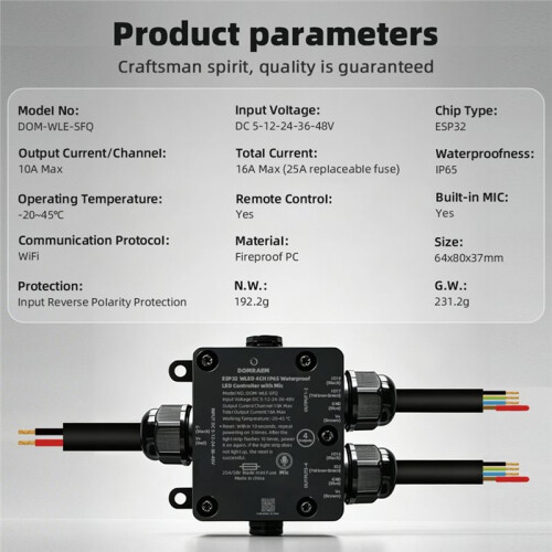 DOMRAEM 4CH IP65 Waterproof Digital WLED Controller DC5-48V 16A 25A Replaceable Fuse Level Shift COB WS281X SK6812 LED