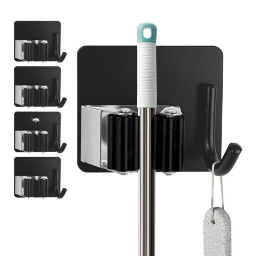Set da 5 Organizer per Scope e Mop da Appendere al Muro, Supporto per Scope Autoadesivo da Montare A Parete Senza Forare e Mantiene 2