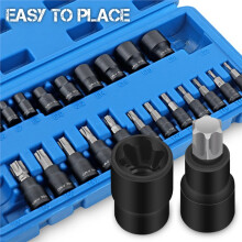 25 Piece Torx Bit and Socket Set, 13 Star Bits (T8- T60) & 12 E-Torx Sockets (E4-E22), Professional Grade Tool Set