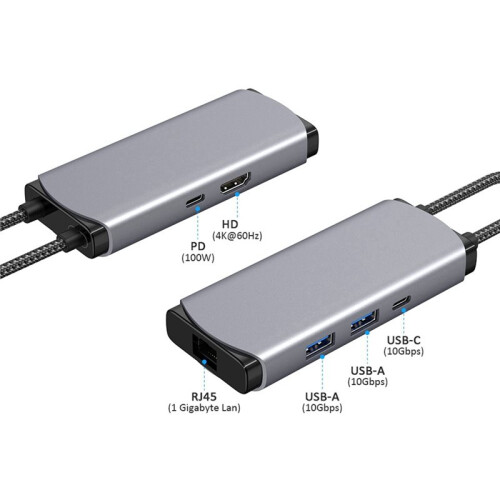 Type-C Expansion Dock to 4K -Compatible Gigabit Ethernet 10Gbps USB Splitter PD100 Fast Charging