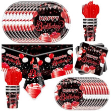 Set de 81 Piezas de Vajilla para Fiesta de Cumpleaños en Rojo y Negro, Decoraciones de Fiesta con Confeti Rojo y Feliz Cumpleaños