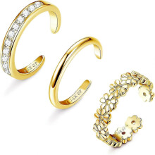 Lot de 3 bagues d'orteils plaquées or 14 carats pour femmes, inaltérables, ajustables, ornées de fleurs et de zirconiums cubi