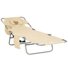 Foldable Sun Lounger, Beach Chaise Lounge with Reading Hole, Arm Slots, 5-Position Adjustable Backrest, Side Pocket, Pillow, Beige