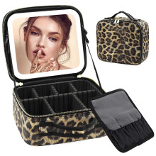 Neceser portátil de PU con espejo, LED, gran capacidad, de alta gama, portátil e impermeable (estampado de leopardo).