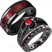 Elegante anillo de boda de tungsteno negro con diseño de dragón celta, circonita verde/roja y fibra de carbono para hombres y