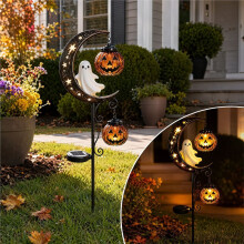 Solar Halloween Pumpa Månsken Trädgård Gräsmatta Lampa Vattentät Metall LED Gårdsdekoration för Väg Patio Gräsmatta