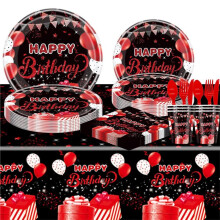 Ensemble de Vaisselle de Fête D'Anniversaire Rouge et Noir de 81 Pièces, Confettis Rouges de Fête, Décorations D'Anniversaire