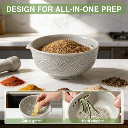 Ceramic Grater Bowl with Herb Stripper,Ginger and Garlic Grater Plate, Multi-Functional Handmade Kitchen Tool for Cheese 2