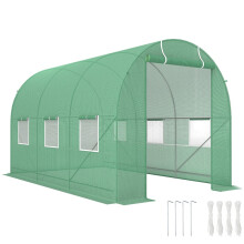 3.5 x 2m Walk-In Polytunnel Greenhouse, with Steel Frame, PE Cover, Roll-Up Door and 6 Windows, Green