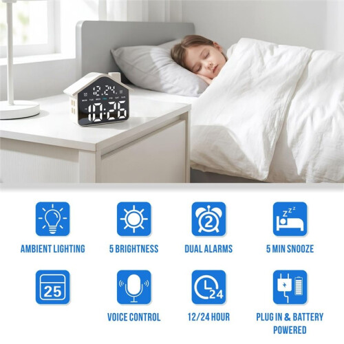 Digital Alarming Clock, Bedroom Clock with Date and Week Indicator, Double Alarm, Dimmer and Ambient Light 2