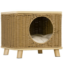 Elevated Design Wicker Cat House with Washable Cushion, Light Brown