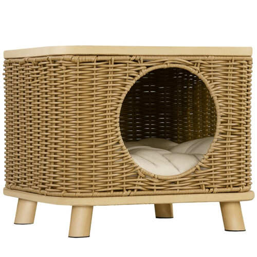Elevated Design Wicker Cat House with Washable Cushion, Light Brown