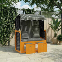 vidaXL Strandkorb mit Kissen Poly Rattan & Massivholz Schwarz & Grau