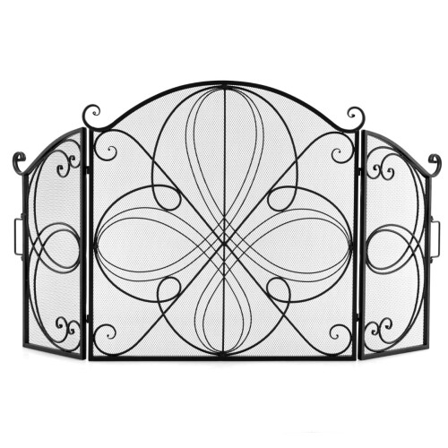 Hopfällbar eldstadsskärm med 3 paneler, blommigt metallnät, 151x83 cm 1