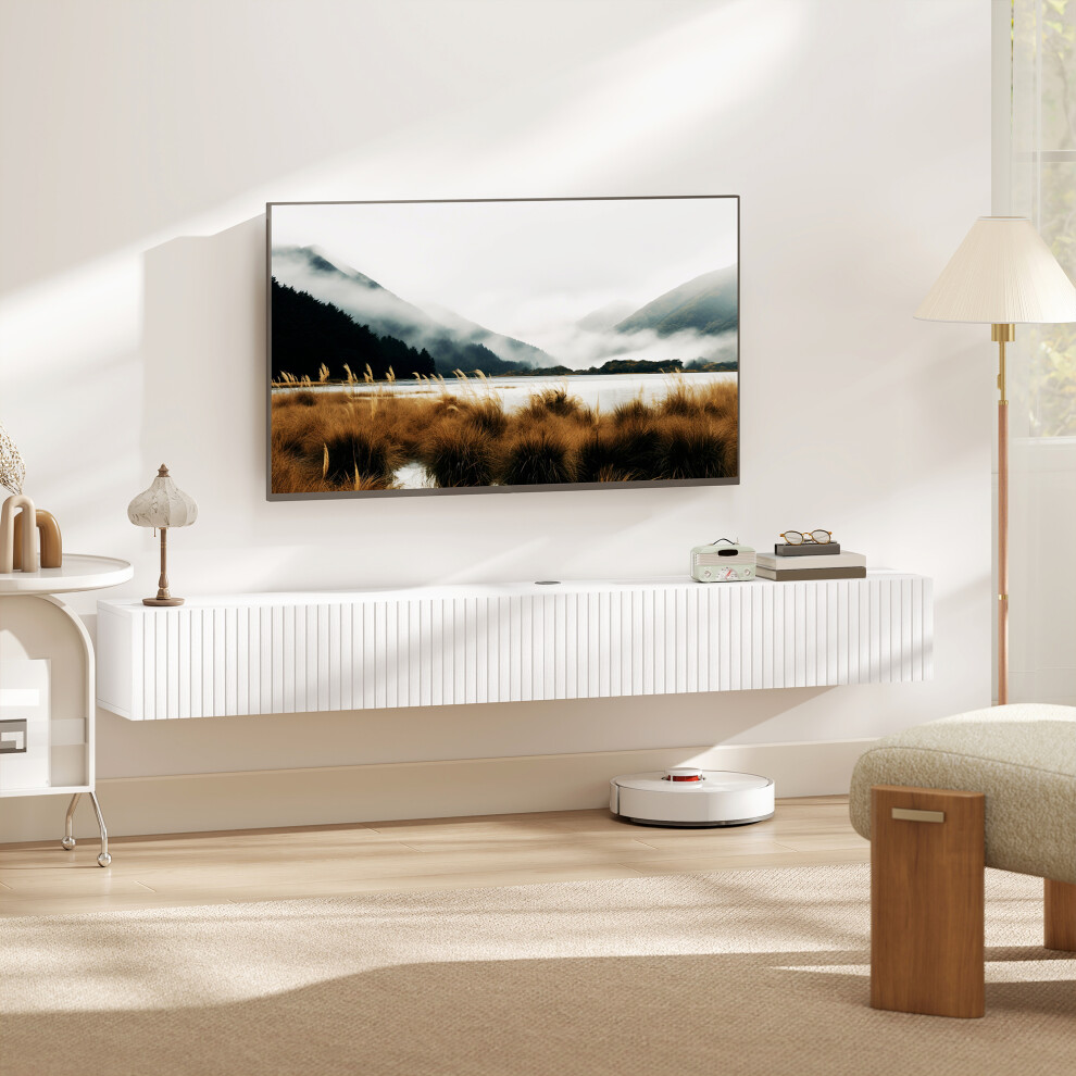 HOMCOM Wall Mount TV Stand Cabinet with Fluted Flip-Down Doors in White | Size: 180cm - Image 2