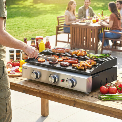 Outsunny Outsunny 3 Burner Grill Griddle, Tabletop Gas BBQ with Grease Cup, Black